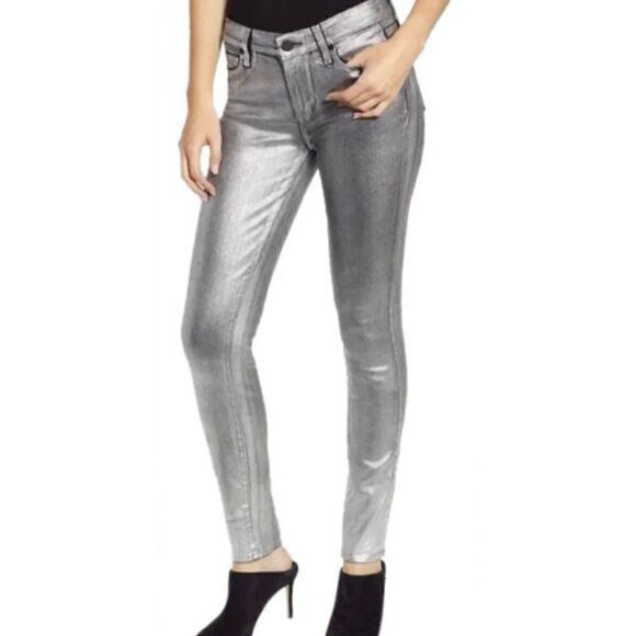 PAIGE SILVER SKINNY Verdugo Metallic Ankle Coated Jeans 24 - Picture 1 of 9